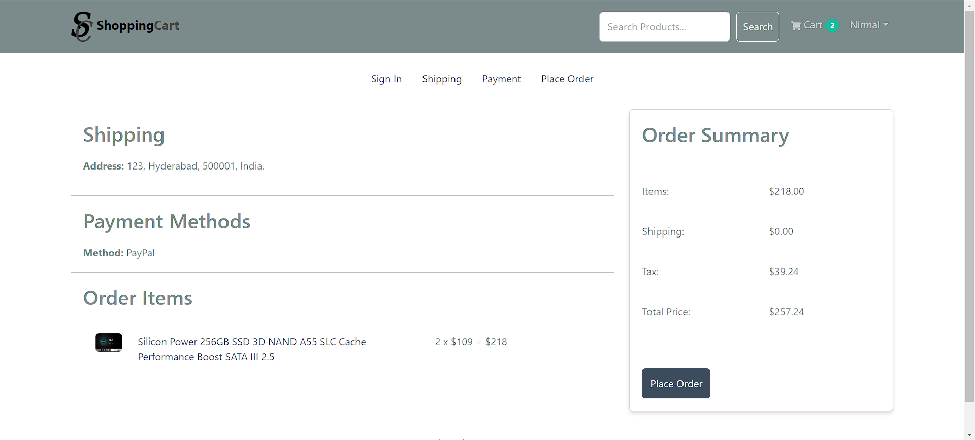 PlaceOrderScreen screenshot